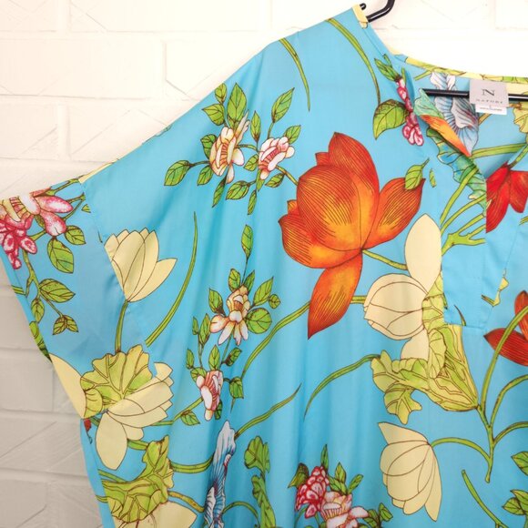 Natori Aqua Blue Lotus Flower V-neck Satin Caftan Pullover Pockets Muumuu L - Picture 2 of 9